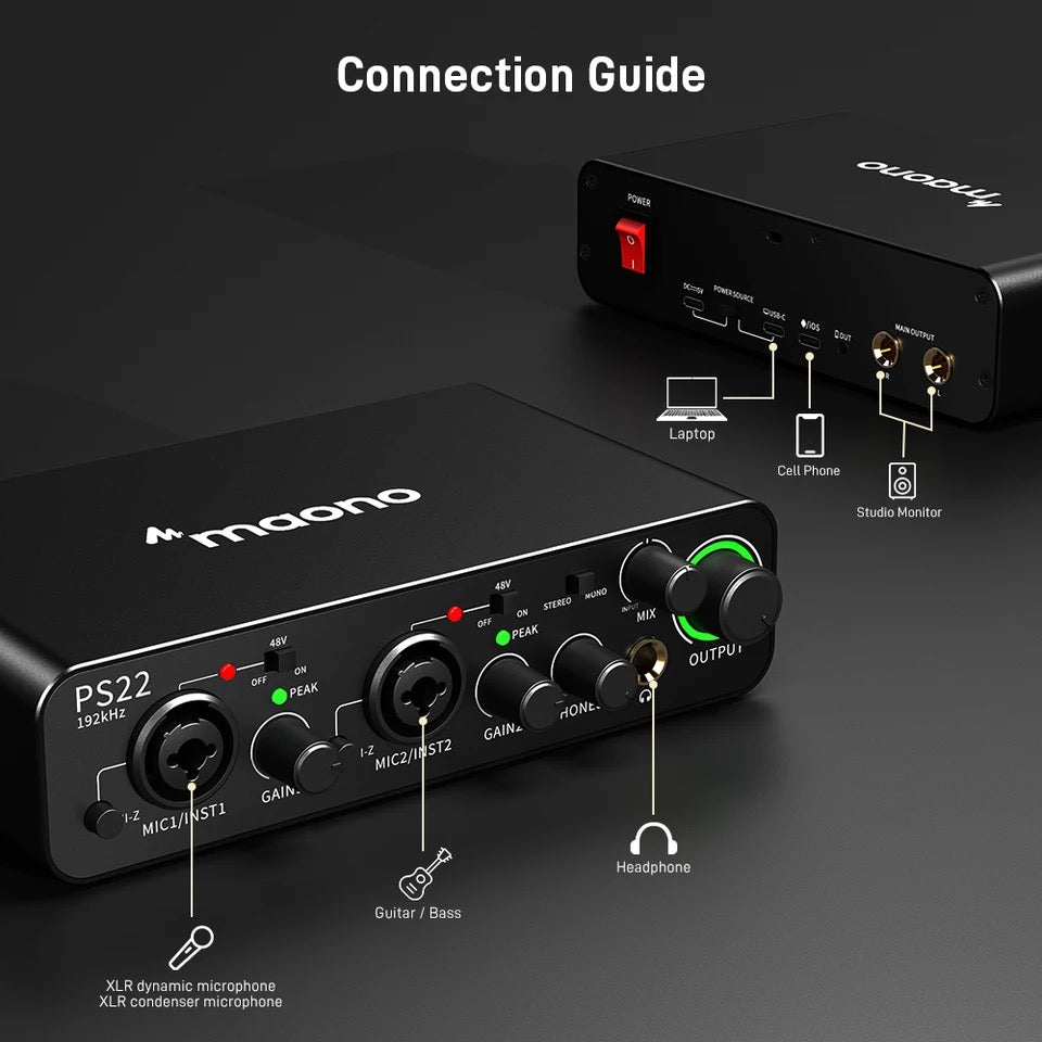 Maono PS22 Audio Interface for Recording, Music Production, Guitar