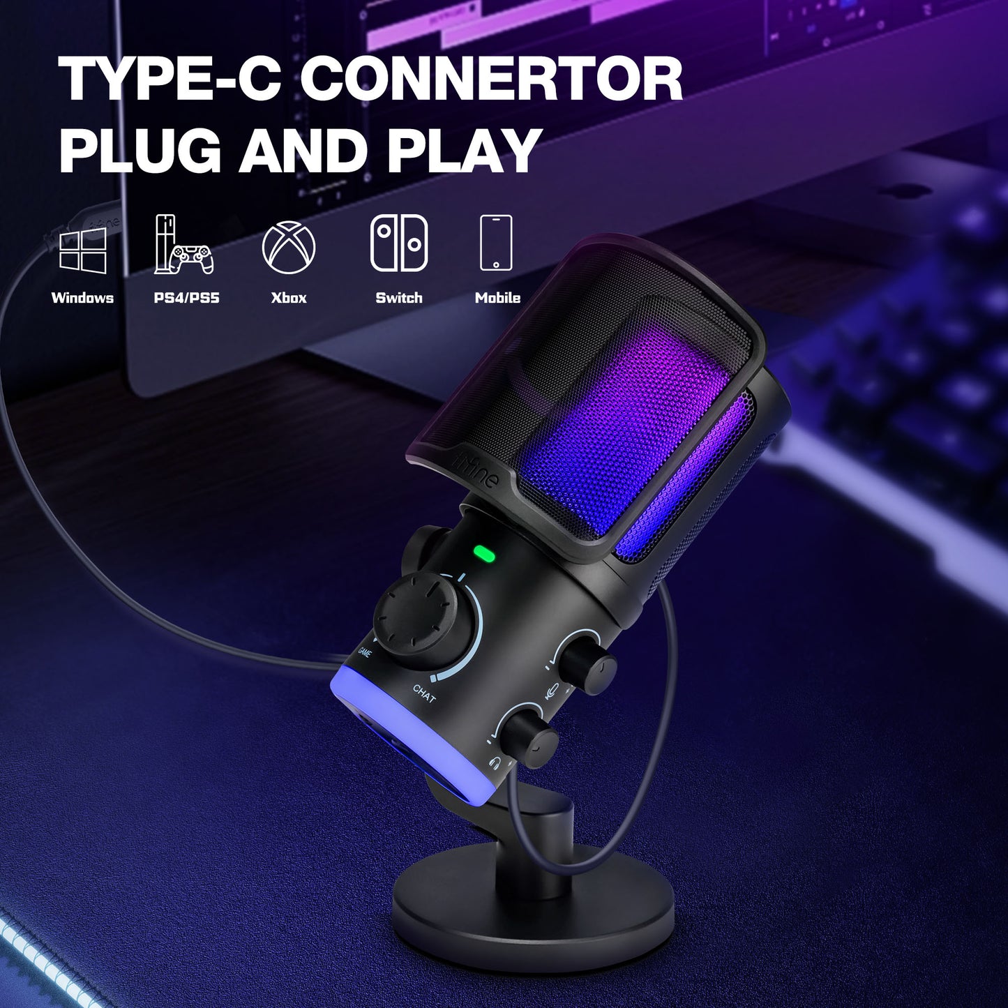 FIFINE AMPLIGAME AM6 Gaming Microphone - USB RGB Mic with Game/Chat Balance, Noise Cancellation, and Mute Button